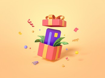 open gift box with dollars and card, minimal surprise package on yellow background. celebration metaphor, revealing the concept of holiday sale and and gifts for regular customers. 3d render 