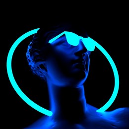 3d illustration of a venus goddess with a sunglasses and neon halo around the head.