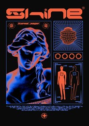 modern poster with a statue of a girl and with text "shine", with effect of a thermal imager. in techno style, stylish print for streetwear, print for t-shirts and hoodies