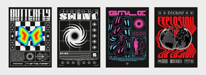 collection of modern posters. in techno style, stylish print for streetwear, print for t-shirts and hoodies, isolated on black background