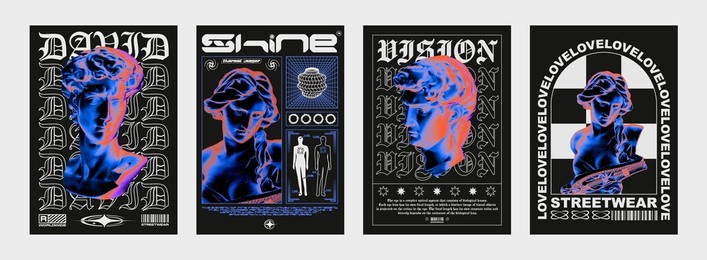 collection of modern posters with heads of statues with effect of a thermal imager. in techno style, stylish print for streetwear, print for t-shirts and hoodies, isolated on black background
