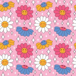 seamless pattern with retro daisies with smiles and sparkles. summer simple minimalist flowers. 70 s style plants. yellow spring daisy. colorful background. vector illustration