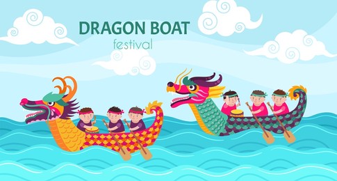 dragon boat festival. dragons boats cartoon boys, chinese boating water race. sport competition, happy asian celebration on sea exact poster