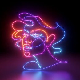 3d rendering, abstract colorful neon woman portrait, linear art over black background