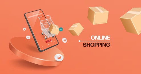 parcel box floated from the shopping cart in front of the smartphone and all floating on a round podium for delivery and online shopping concept design,vector 3d isolated on pastel orange backgroud