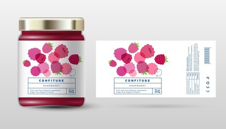 raspberry confiture. sweet jam. transparent berry fruits. label and packaging simple design.