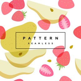 pear and strawberry seamless pattern. fruits and berries background. transparent berries, fruits and frame with text is on separate layer. label and packaging simple design.