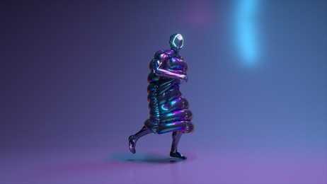 cyberpunk guy dancing on a disco background. flashing light. jacket. helmet. blue neon color. 3d illustration. high quality 3d illustration