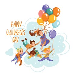 laughing children fly clutching a bunch of balloons. children's day.  vector illustration. 