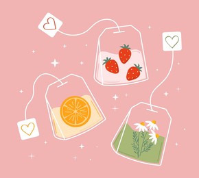 cute black and green tea bags set with labels. fruit and herbal teas with chamomile, berry, strawberry, orange. design for packaging. vector illustration
