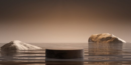 cosmetic product display podium with water reflection and rock on brown background. 3d rendering