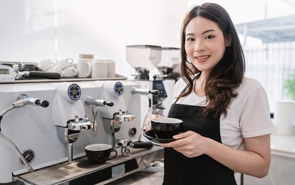 startup successful small business owner sme woman, beauty asia girl use coffee machine in coffee shop restaurant. portrait of asian woman barista cafe owner. sme entrepreneur business seller concept