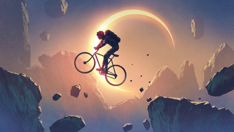 a cyclist crossing a cliff against the sky with solar eclipse, digital art style, illustration painting