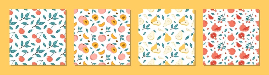 juicy fruits seamless patterns set. collection of hand drawn vibrant ripe cherry, peaches, pears and garnets vector illustrations for wrapping paper, textile prints, food and juice package design