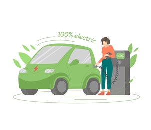 ev car at charging station with the power cable supply plugged in. ecological engine with zero emissions. ecology, global warming, clean transportation concept. vector illustration on white background