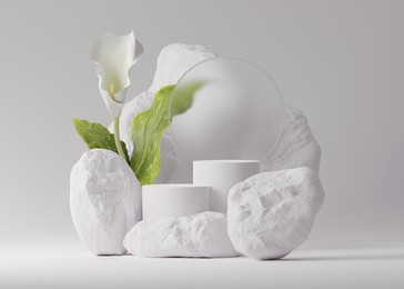 3d display podium white background and stone. flower with green leaf and rock frame. nature blossom minimal pedestal for beauty, cosmetic product presentation.feminine, organic mock up, 3d render