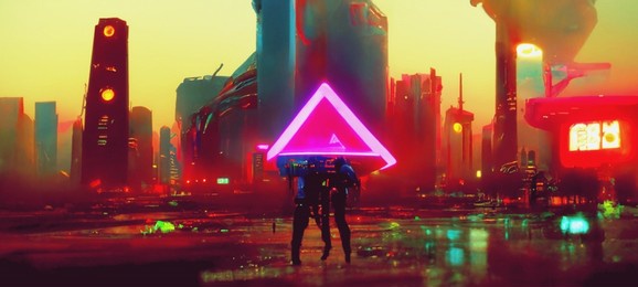 glowing purple neon triangle against blurred cyberpunk futuristic cityscape. creative future wallpaper. urban concept. 3d illustration.