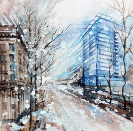 winter cityscape with dynamic composition - headwind at high speed.hand draw illustration - tempera on paper.
