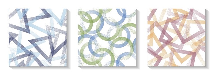 tileable geometric patterns set with shapes of dots. rings with dots texture, square of points, halftone pixels triangles backgrounds grunge vector collection. wrapping paper prints.