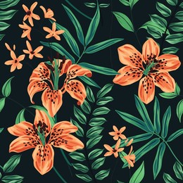vintage floral print with large lily flowers, lush foliage on a dark background. seamless pattern with ornate exotic plants, flowers, leaves. old fashioned botanical background. vector.