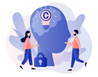 copyright. intellectual property. tiny authors protecting idea's legal information with trademark. trading data licenses. modern flat cartoon style. vector illustration on white background