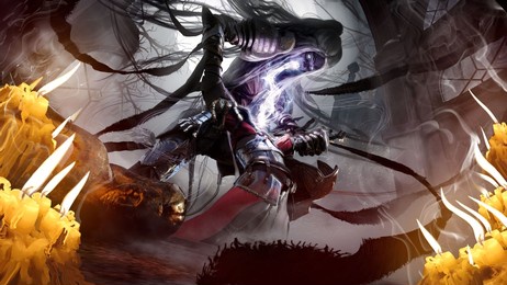 a creepy skinny and huge banshee woman sucks the soul of a defeated knight she holds him tightly with her long clawed hands breaking bones, she has long gray hair, an ugly face and armor. 3d rendering