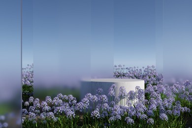 marble podium on natural purple flower field garden with frosted glass and clear blue sky for cosmetic product presentation 3d rendering illustration