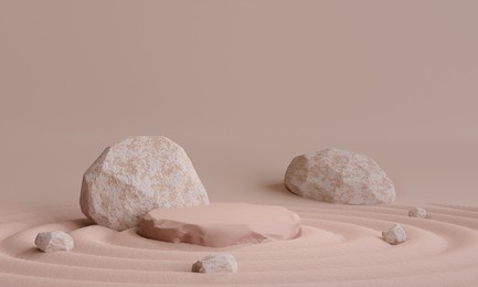 stone podium on circle pattern in sandbackground for product presentation. natural beauty pedestal, relaxation concept, 3d illustration
