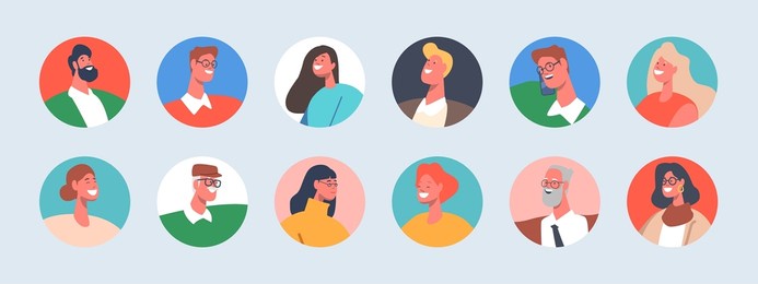 set of people avatars, kids, senior, young and mature men or women portraits in round icons. male and female characters faces for social media and web profiles. cartoon vector illustration, isolated
