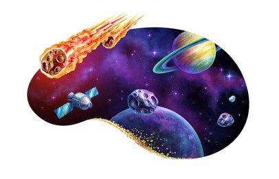watercolor illustration. curvy shape cosmic sticker with stars, planets, burning asteroids and satellite. space clip art isolated on white background