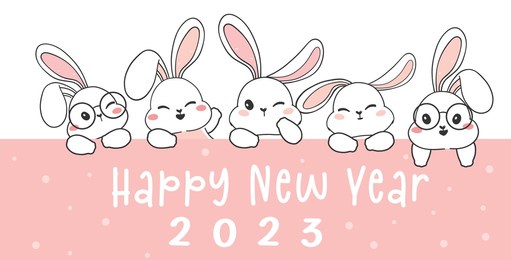 happy new year 2023, group of cute white funny rabbit heads set, bunny character collection, cute wildlife animal cartoon drawing vector
