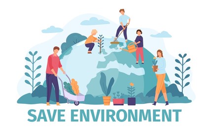 flat people gardening and save environment ecology on earth globe. volunteers community protect world nature, planting trees  concept. male and female characters helping earth
