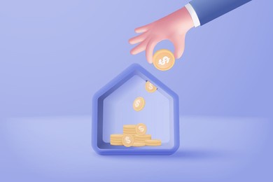 3d vector real estate and coin hand holding on pastel background. money saving to loan house, property concept of financial, money investment. stack of coins and a tiny house bank on blue background