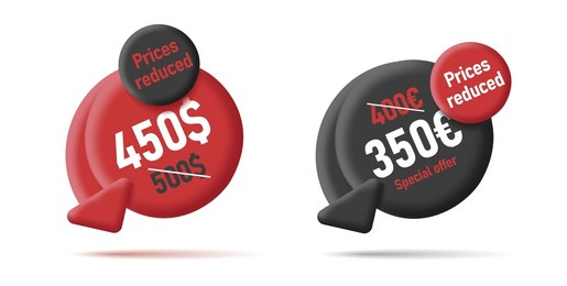 discount digital label, 3d round shape with arrow down, reduce price tag, red and black isolated