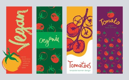 vector design elements. tomatoes seamless pattern, label tomato paste, agro logo, tomato juice packaging. hand-drawn illustration. organic vegetable background. tomato banner. vegan restaurant concept