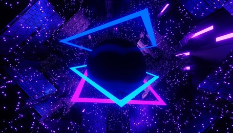 3d render of neon and light glowing on dark scene. cyber punk night city concept. night life. technology network for 5g. beyond generation and futuristic scene. sci- fi pattern theme.