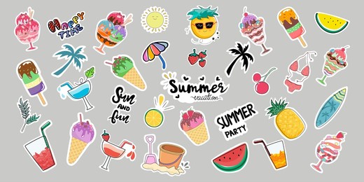 summer stickers set, colorful, can be adapted to a variety of applications such as scrapbook, cover, art for kids, summer themed decorations, mug designs, pillows, t-shirt designs, baby clothes 