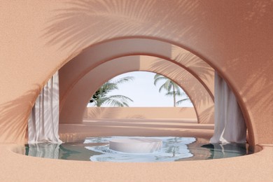 stone podium for packaging and cosmetic presentation, natural sunshade shadow on  wall.  product display with arch warm plaster wall and pool. summer beach scene. realistic rendering. 3d illustration