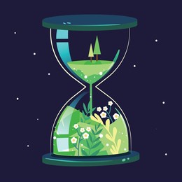 earth hour, hourglass with trees and plants inside, low carbon environmental protection, vector illustration