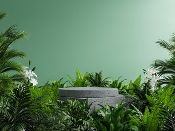 concrete podium in tropical forest for product presentation and green wall.3d rendering