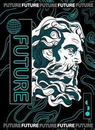 modern posters with head of statues. sculpture illustration with head zeus. in techno style, vector graphic for t-shirt prints, posters and other uses.