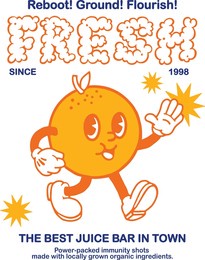 retro happy orange vector art illustration.smiling positive citrus fruit icon walking. vintage slogan t shirt print design.