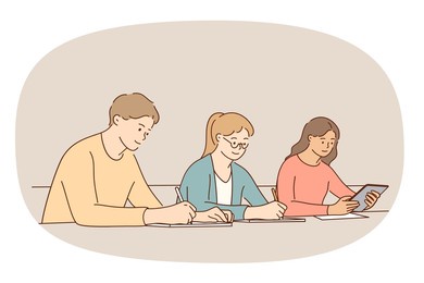 young diverse people sit at desk study together in college or university. male and female students engaged in education process in high school write in notebook. learner concept. vector illustration. 