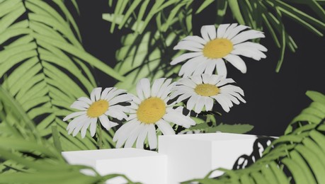 natural stone and concrete podium in tropical forest with flowers. empty showcase for packaging product presentation. background for cosmetic products. mock up pedestal. 3d rendering.