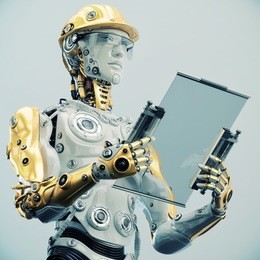 futuristic engineer in yellow hardhat holding tablet/ engineer