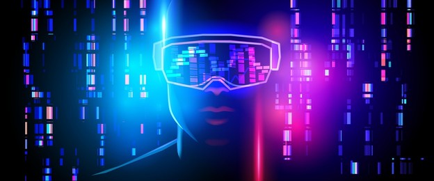 inside the metaverse. silhouette of a human face in augmented or virtual reality headset. abstract digital world on dark blue background. vector illustration