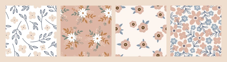 collection of floral seamless patterns in flat style with blooming flowers. hand drawn endless summer background for textile and wallpaper. colored botanical illustration, contemporary backdrop