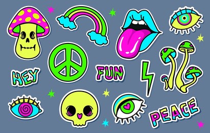psychedelic hippy stickers. neon cartoon psychedelic hippy stickers with mushrooms and eyes. hallucination elements, heart, skull. vector illustration set of psychedelic and hallucination elements