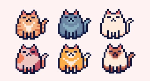 different colors cats pixel art icon set. kitty breeds logo collection. 8-bit sprite. game development, mobile app.  isolated vector illustration.