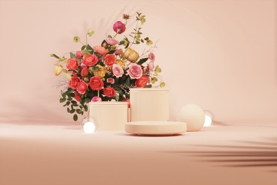 minimal scene with rose flowers and spherical lights on the floor. podium and abstract cosmetic background for beauty. pastel pink colors scene. feminine copy space template 3d render